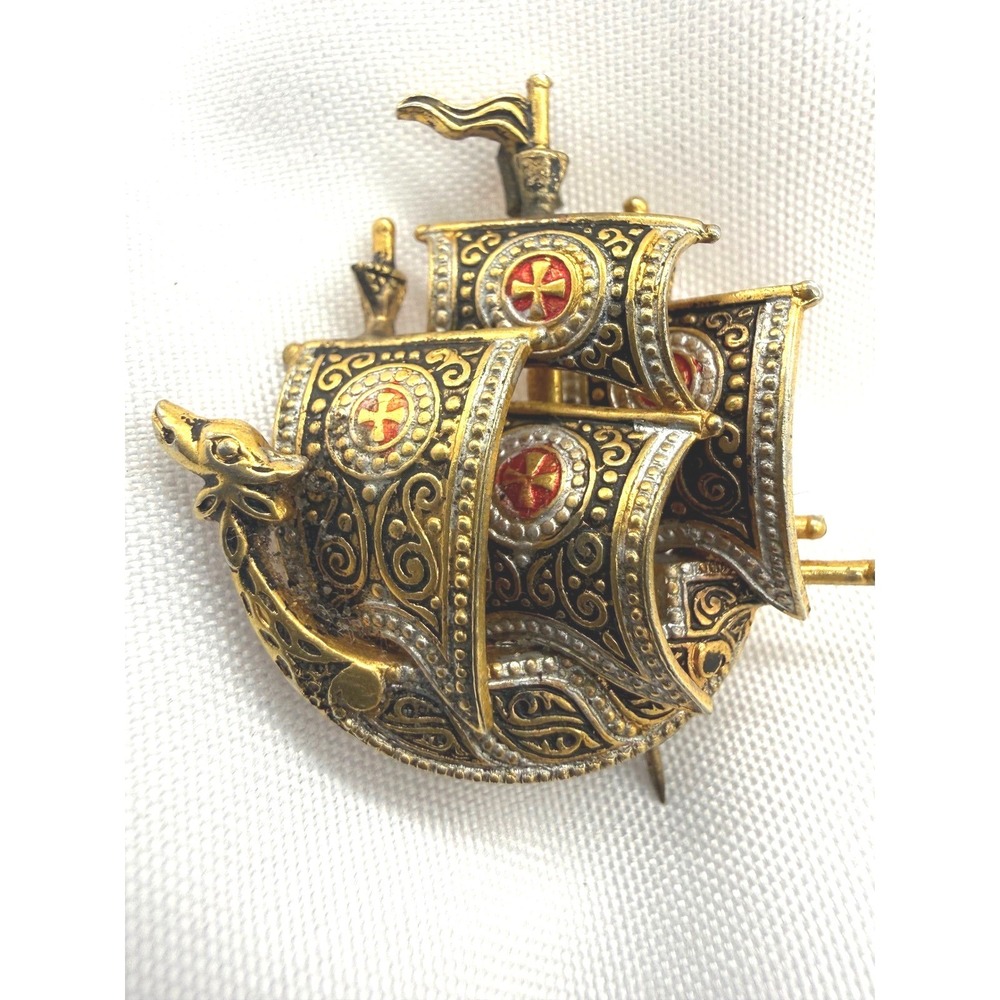Vintage Spanish Damascene Galleon Ship Brooch Gold Silver Inlay Toledo Spain